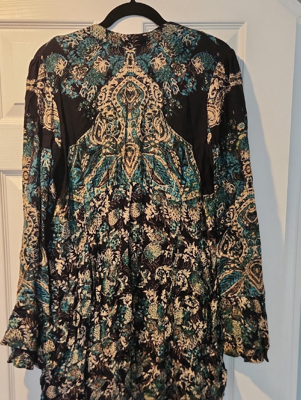 Free People Black & Teal Printed Long-Sleeve Dress